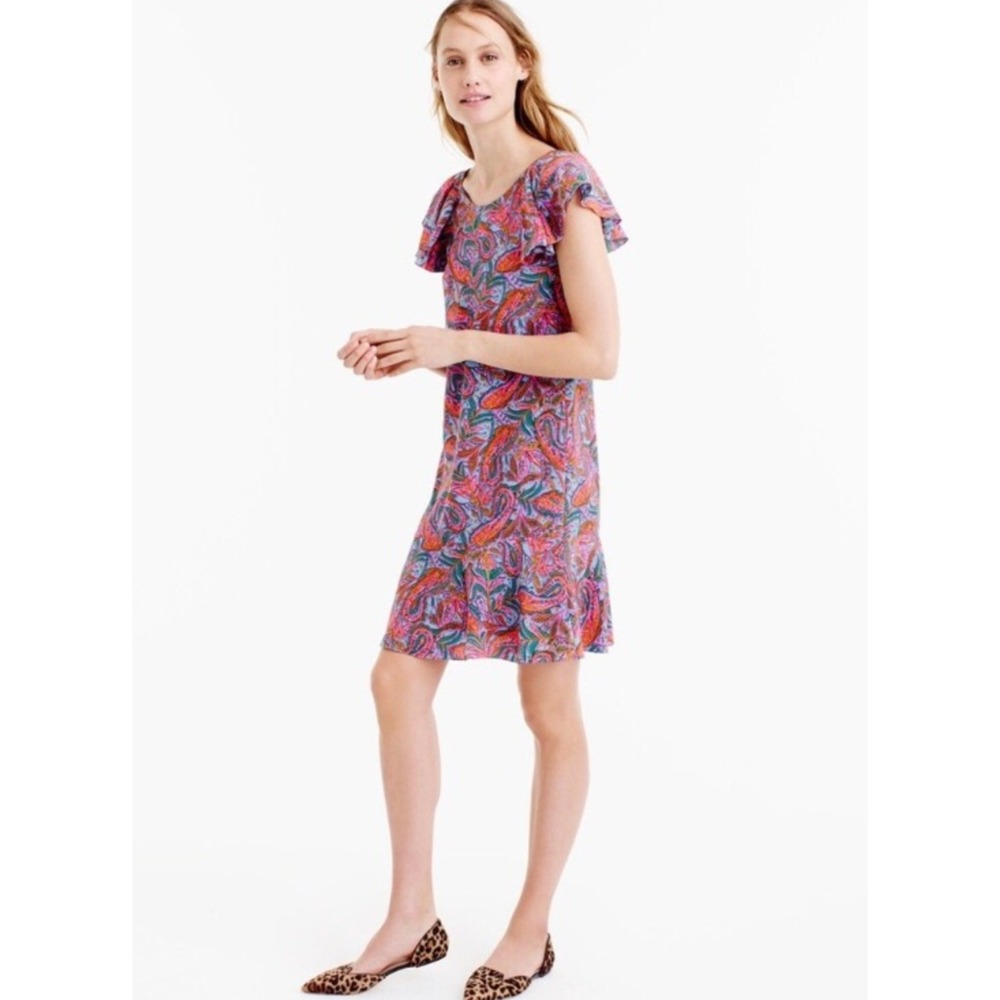 NEW J. Crew 100% Silk Paisley Flutter Sleeve Shift Dress Womens Size 2